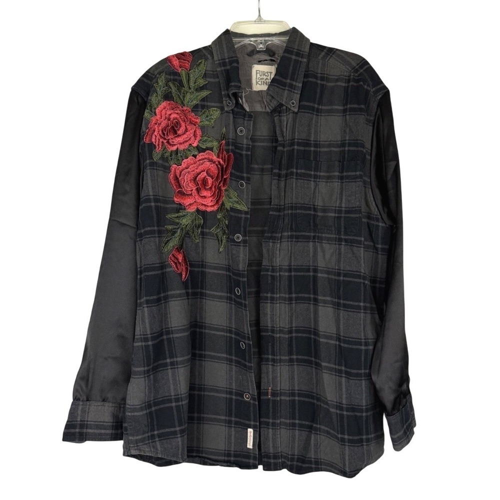 Furst Of A Kind Plaid Button Down Shirt Jacket Floral Patch Satin Sleeves S/M